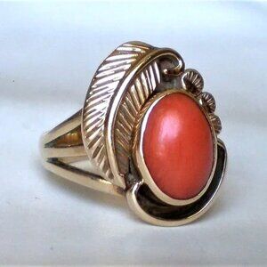 Vintage Southwestern ELIAS MARTINEZ 14K Yellow Gold Mediterranean Red Coral Ring